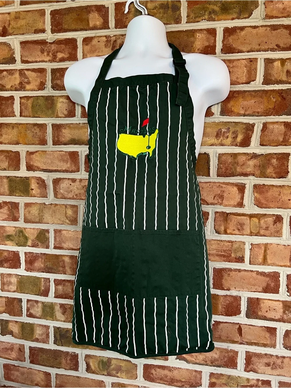Masters Golf Dark Green Pinstripe Apron with Yellow & Red Golf Emblem